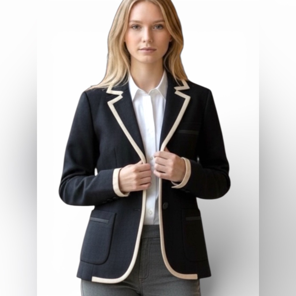 J CREW FACTORY womens schoolboy Black Wool Blazer with Cream Piping Size 4 prep